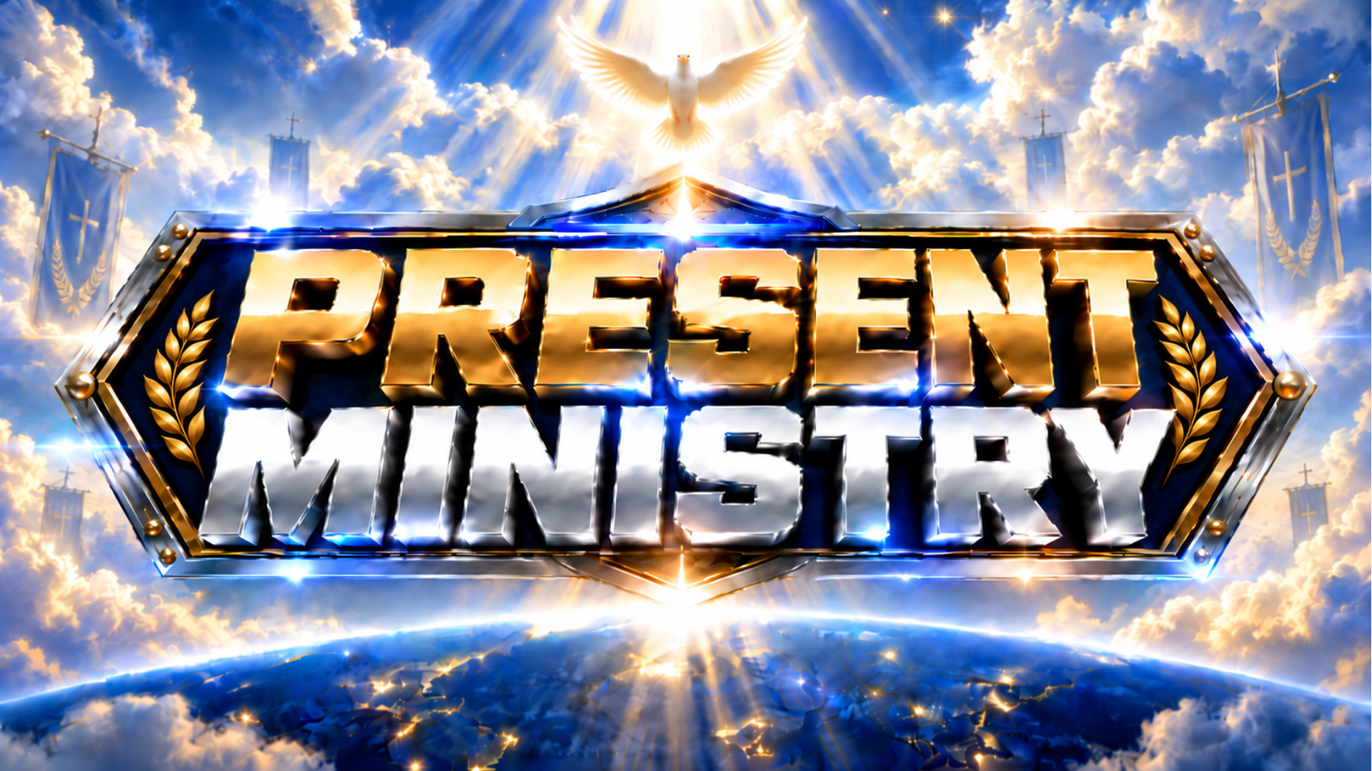 Present Ministry in gold and silver, beneath a white dove and heavenly light, surrounded by clouds, wheat, and the earth.